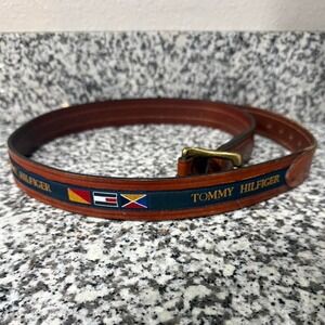 Vintage 90s Tommy Hilfiger Nautical Flag Belt 36 Leather Made in USA Preppy
